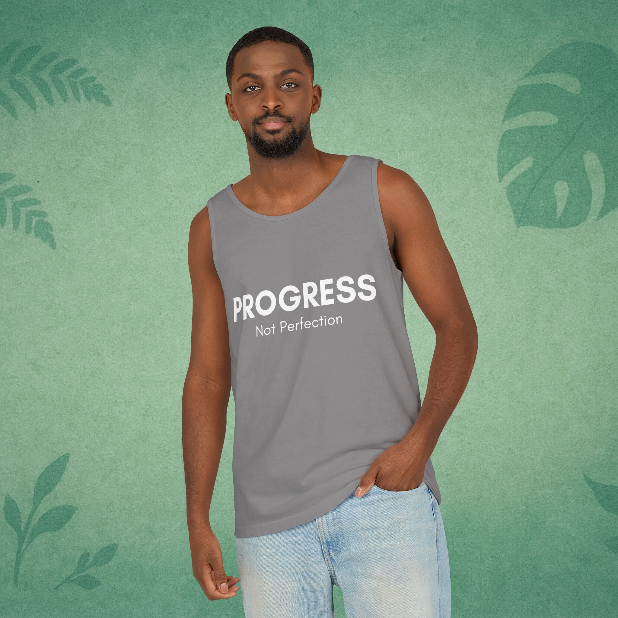 Progress Not Perfection Tank Top – Unisex Garment-Dyed, Relaxed Fit Yoga & Gym Layer, Positive Affirmation Self-Care Gift