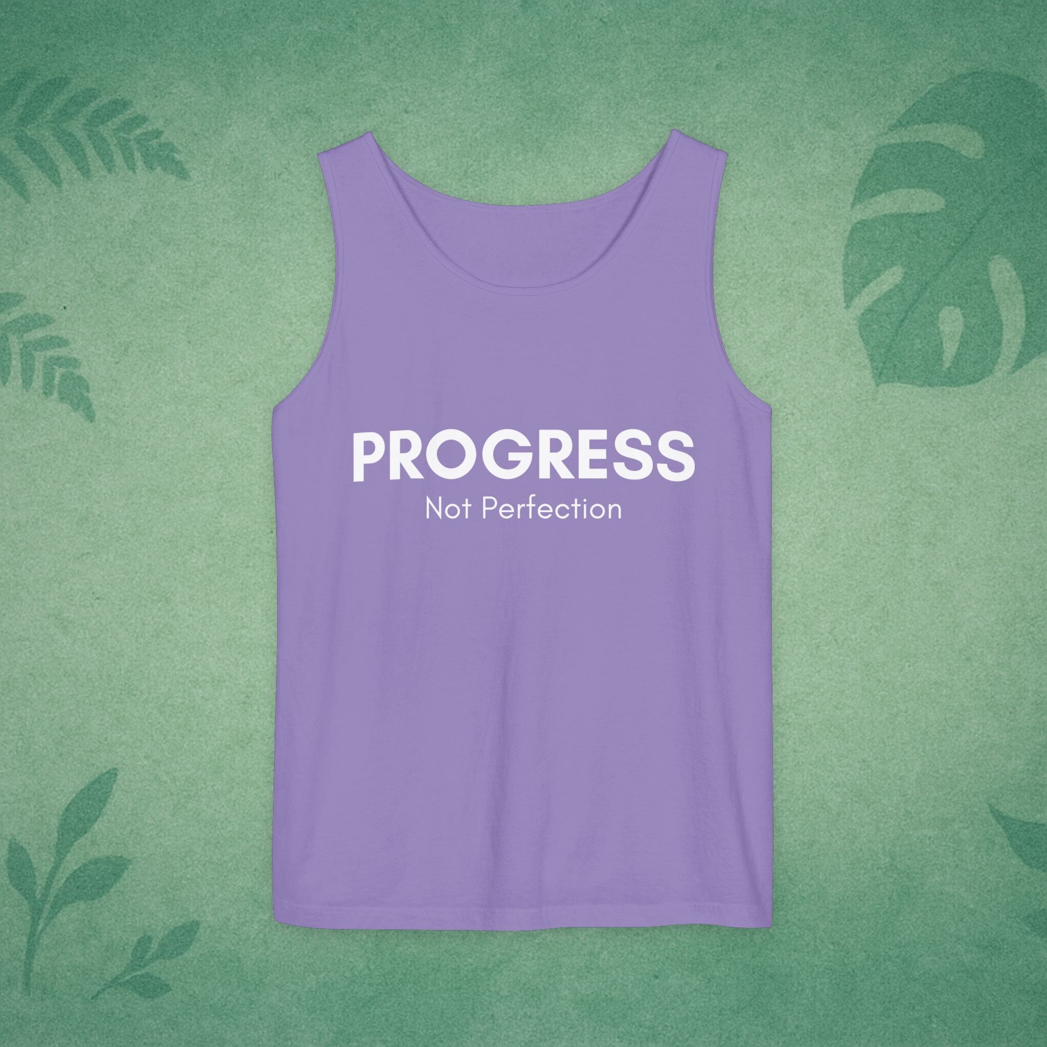 Progress Not Perfection Tank Top – Unisex Garment-Dyed, Relaxed Fit Yoga & Gym Layer, Positive Affirmation Self-Care Gift