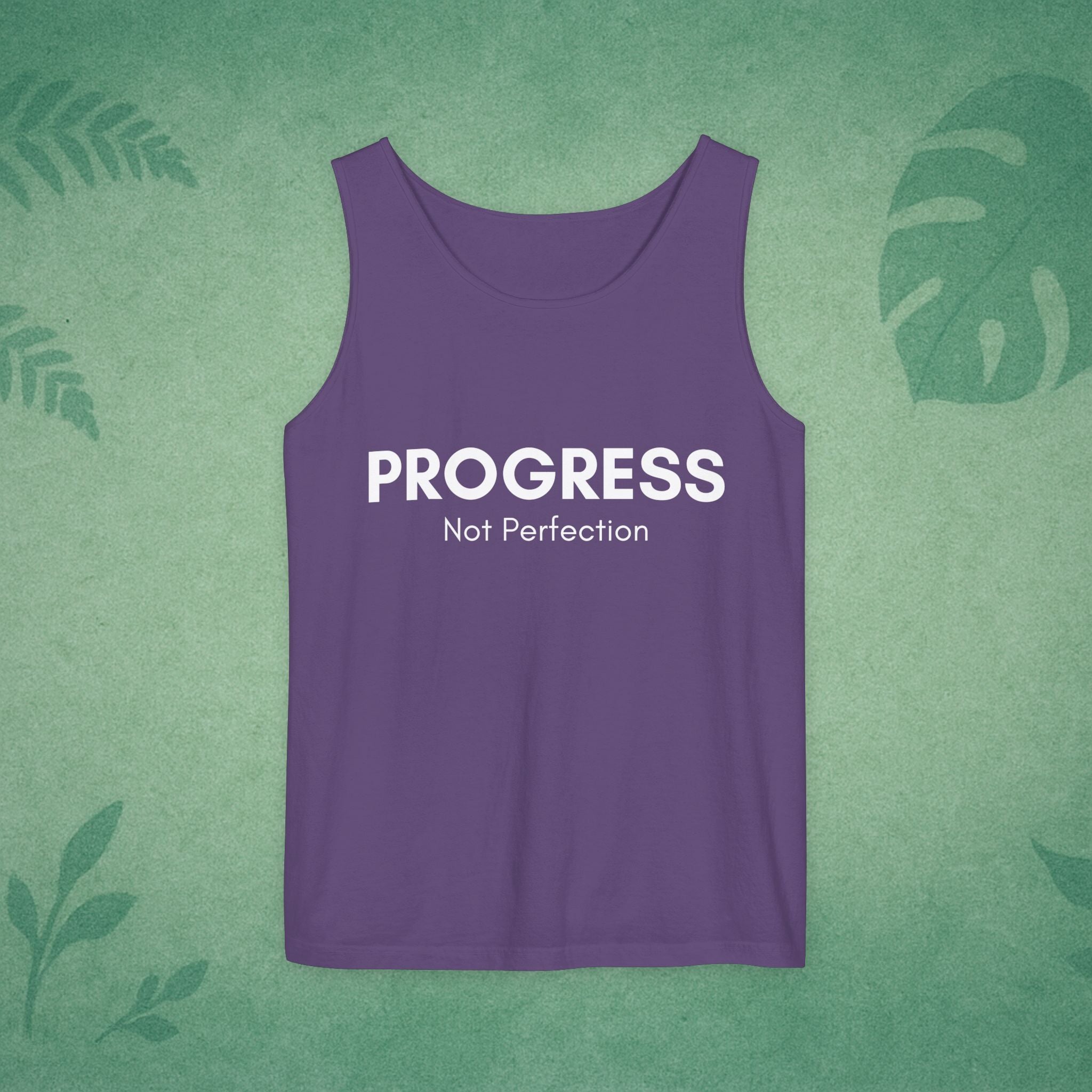 Progress Not Perfection Tank Top – Unisex Garment-Dyed, Relaxed Fit Yoga & Gym Layer, Positive Affirmation Self-Care Gift