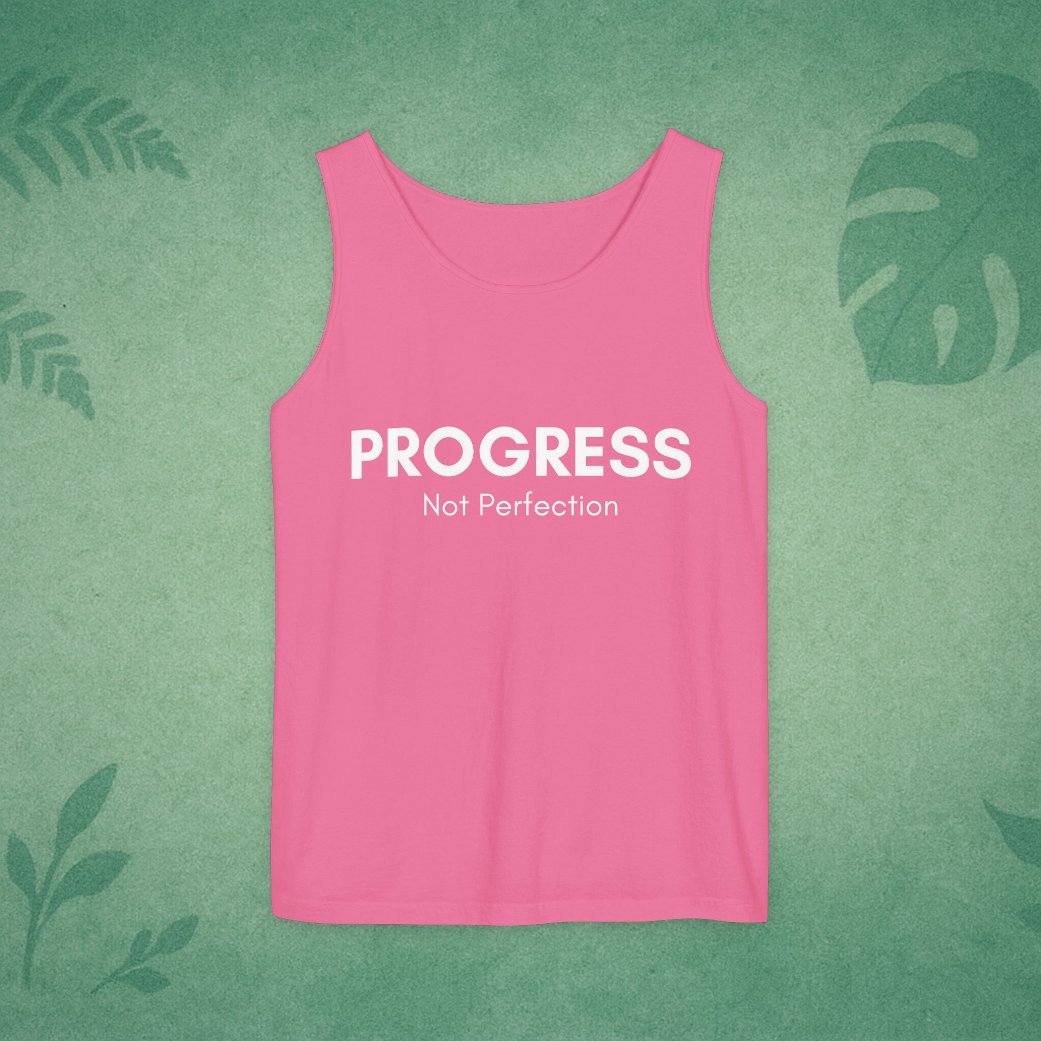 Progress Not Perfection Tank Top – Unisex Garment-Dyed, Relaxed Fit Yoga & Gym Layer, Positive Affirmation Self-Care Gift