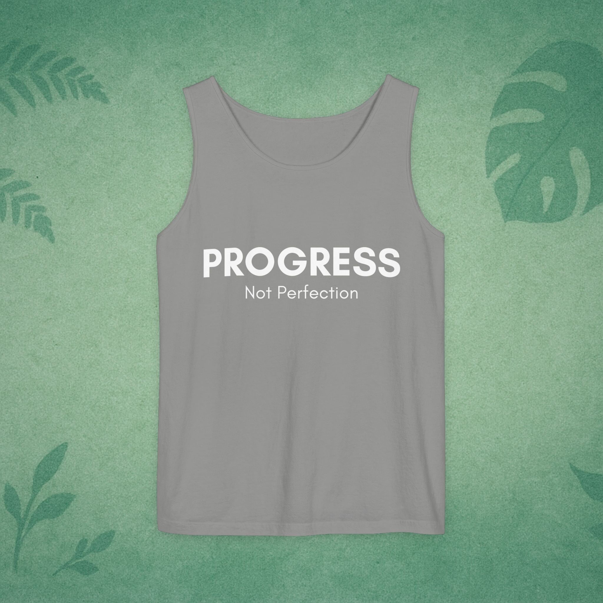 Progress Not Perfection Tank Top – Unisex Garment-Dyed, Relaxed Fit Yoga & Gym Layer, Positive Affirmation Self-Care Gift