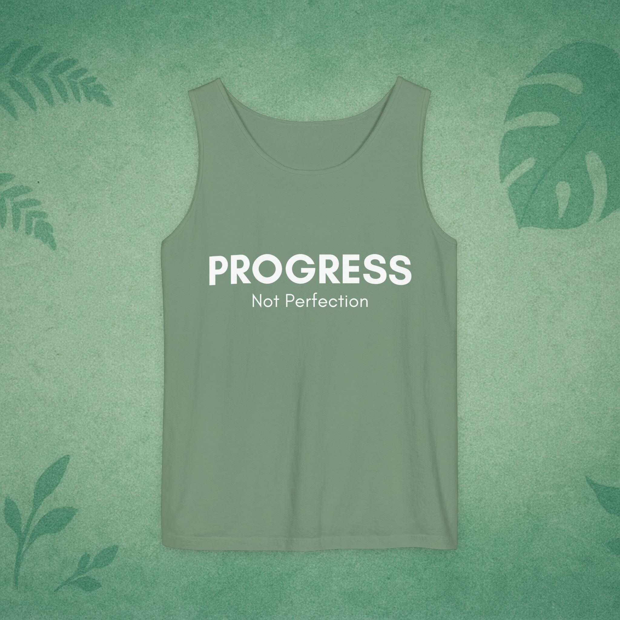 Progress Not Perfection Tank Top – Unisex Garment-Dyed, Relaxed Fit Yoga & Gym Layer, Positive Affirmation Self-Care Gift