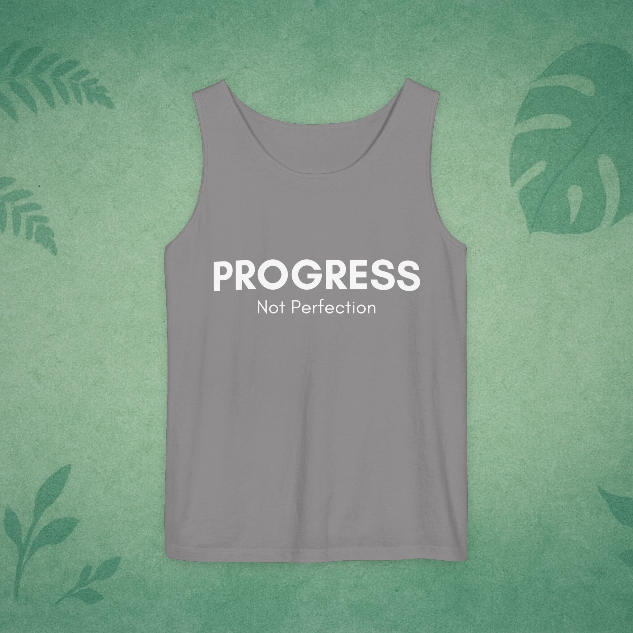 Progress Not Perfection Tank Top – Unisex Garment-Dyed, Relaxed Fit Yoga & Gym Layer, Positive Affirmation Self-Care Gift