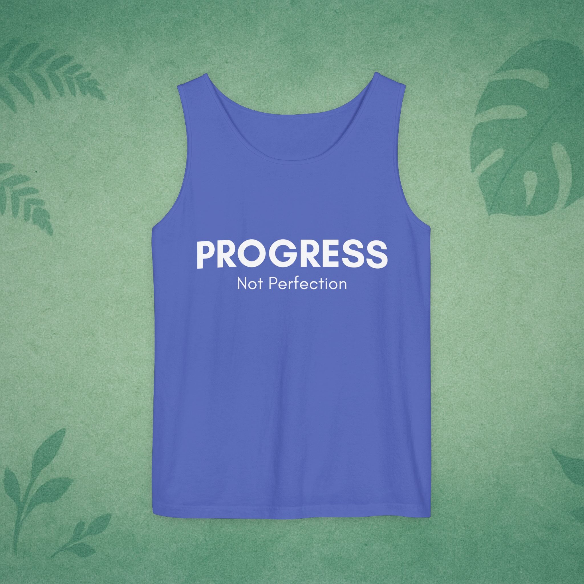 Progress Not Perfection Tank Top – Unisex Garment-Dyed, Relaxed Fit Yoga & Gym Layer, Positive Affirmation Self-Care Gift