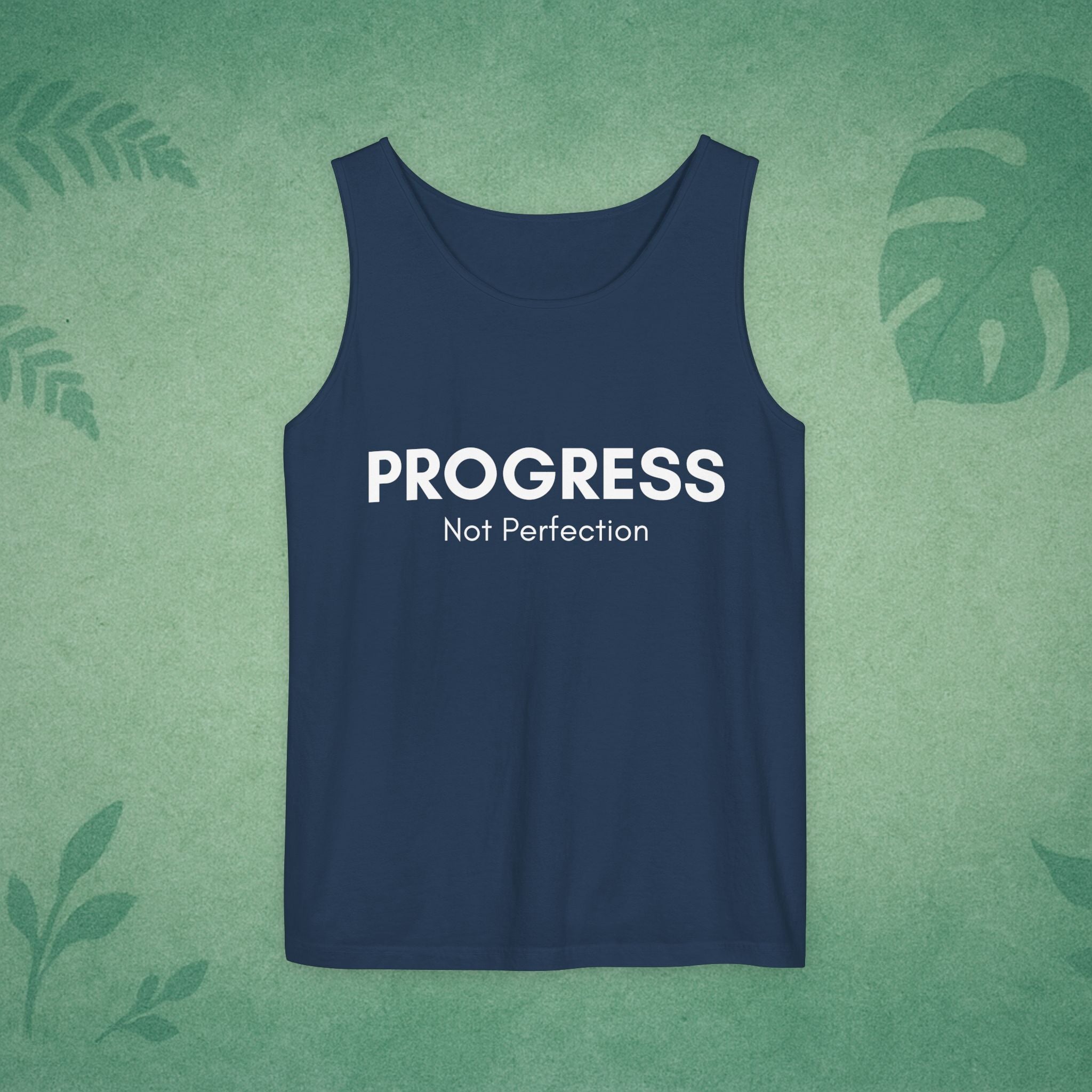 Progress Not Perfection Tank Top – Unisex Garment-Dyed, Relaxed Fit Yoga & Gym Layer, Positive Affirmation Self-Care Gift