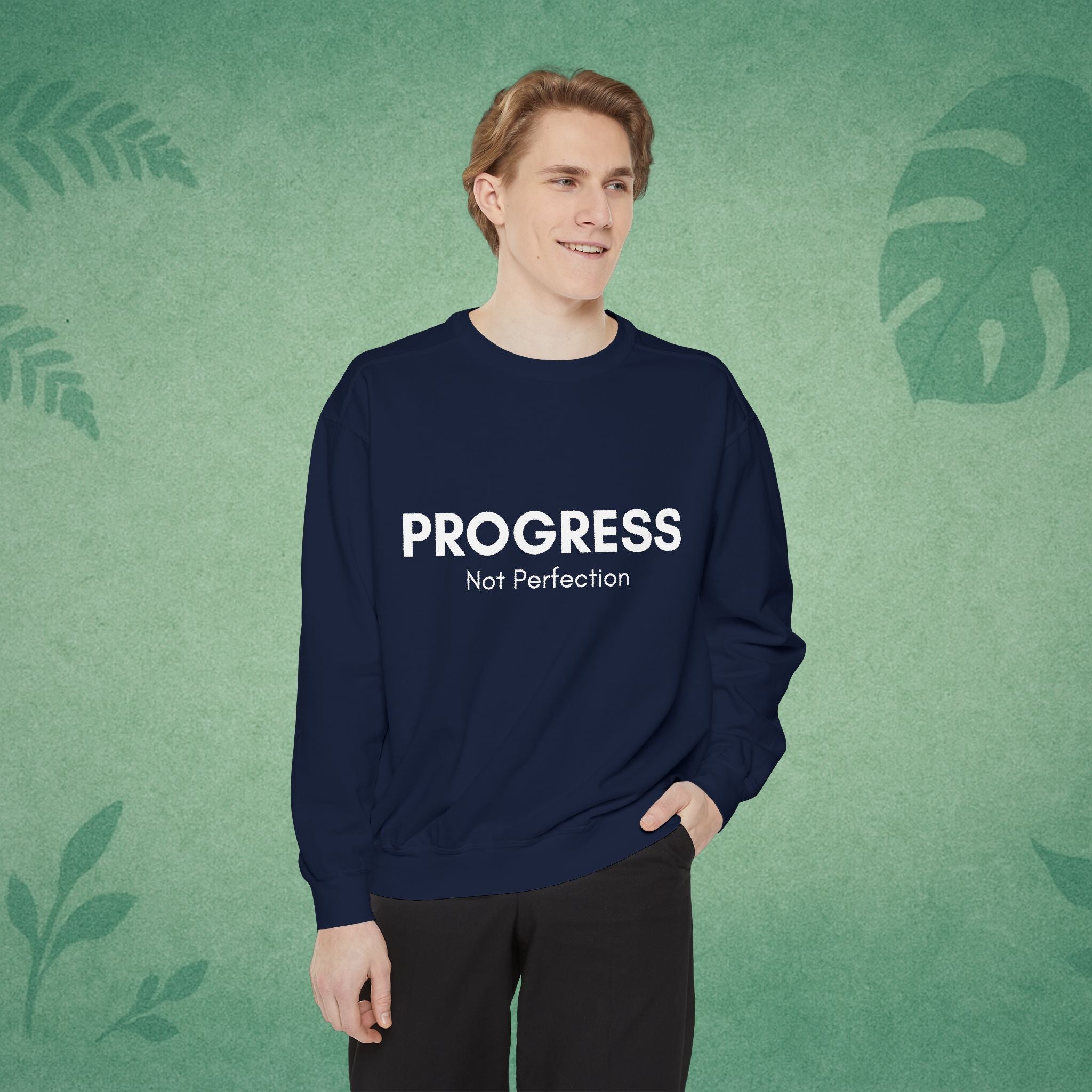 Progress Not Perfection Sweatshirt – Unisex Fleece Crewneck for Young Professionals, Office-Ready Affirmation
