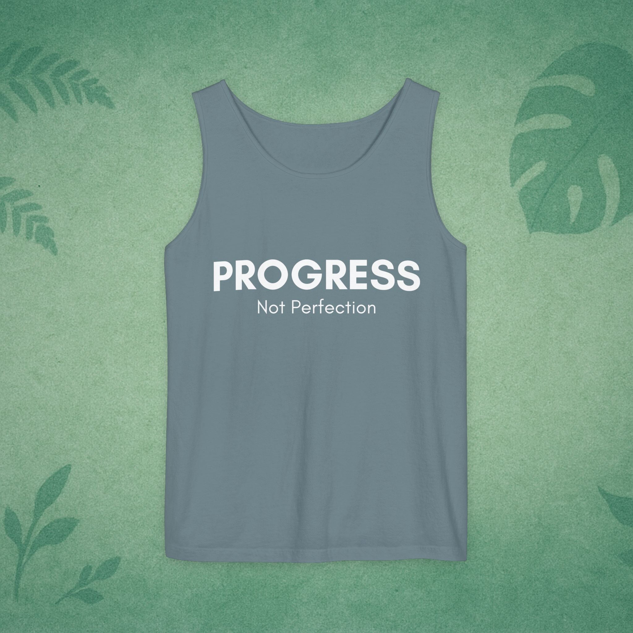 Progress Not Perfection Tank Top – Unisex Garment-Dyed, Relaxed Fit Yoga & Gym Layer, Positive Affirmation Self-Care Gift