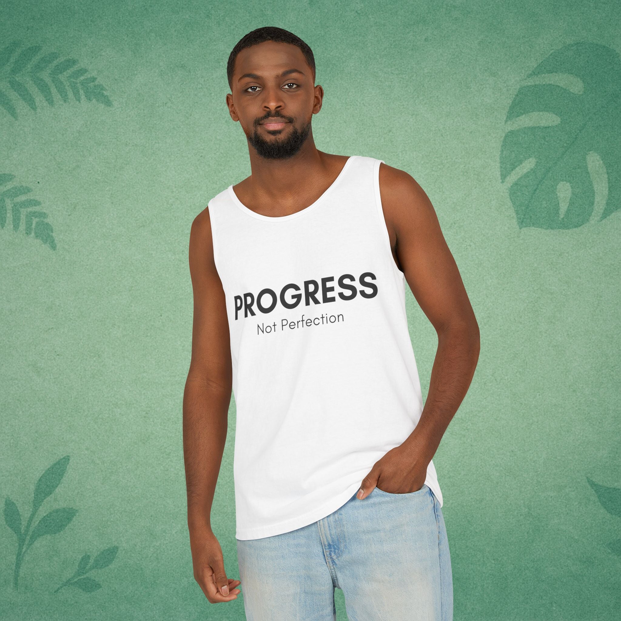 Progress Not Perfection Unisex Garment-Dyed Tank Top – Relaxed Fit Mindfulness Top, Motivation for Young Professionals