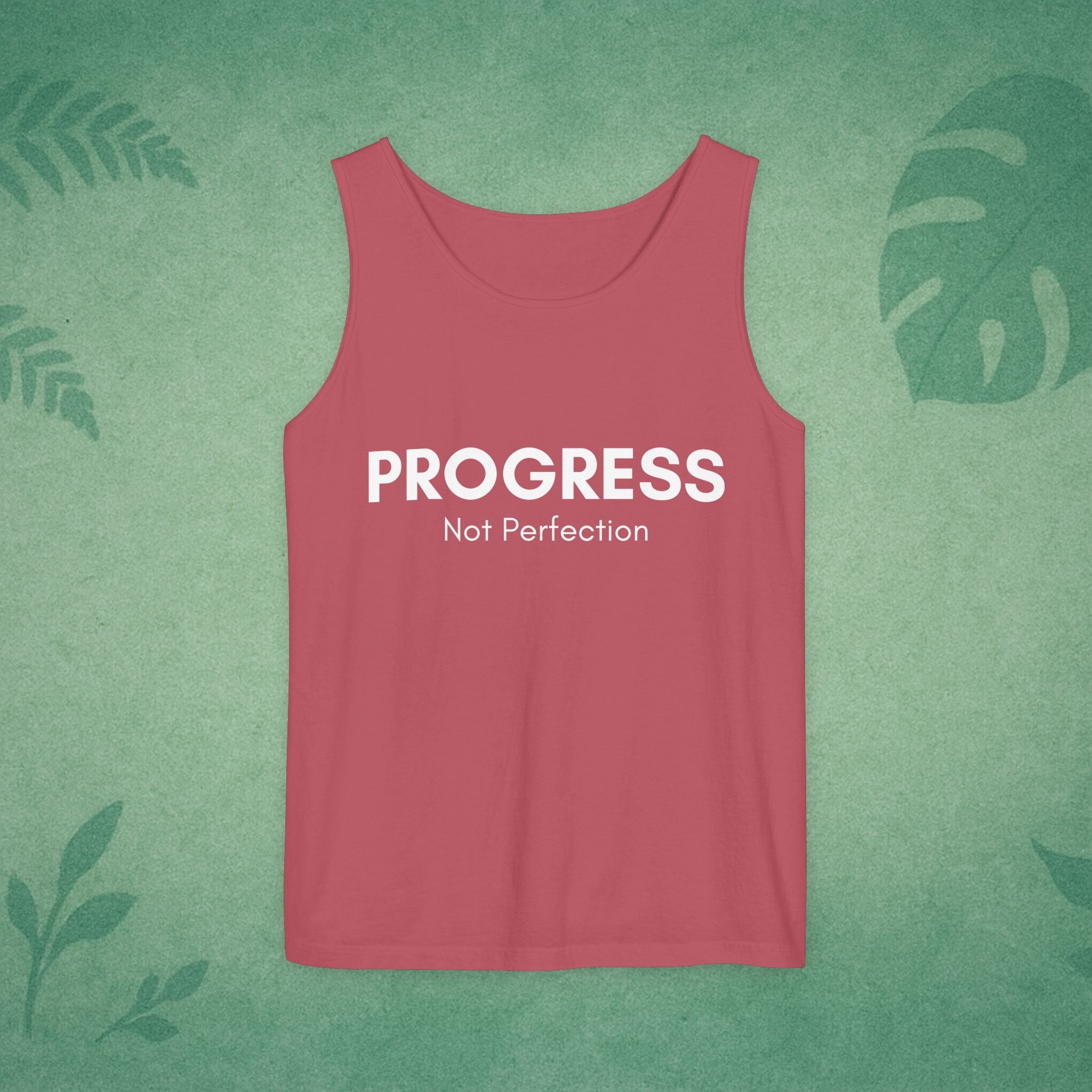 Progress Not Perfection Tank Top – Unisex Garment-Dyed, Relaxed Fit Yoga & Gym Layer, Positive Affirmation Self-Care Gift
